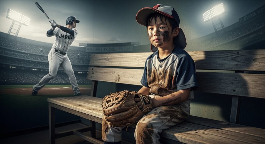 泥だらけのユニフォームでベンチに座り、充実した表情を浮かべる少年野球の選手