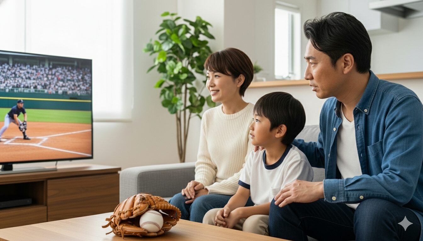 リビングのソファに座り、テレビで野球中継を見ながら真剣に話し込む父親と息子