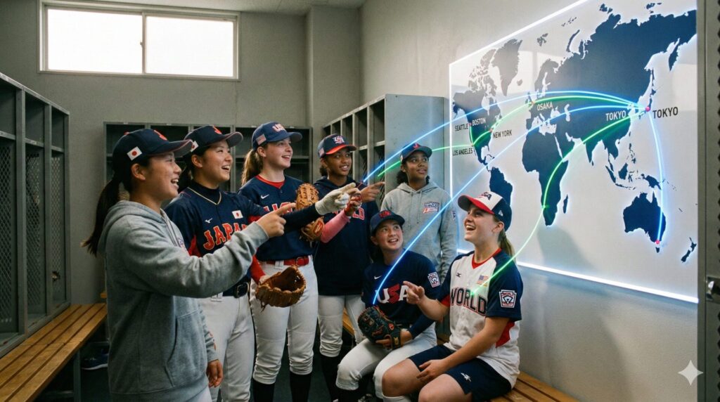 ロッカールームで世界地図を見ながらアメリカへのルートを確認する女子野球選手たち