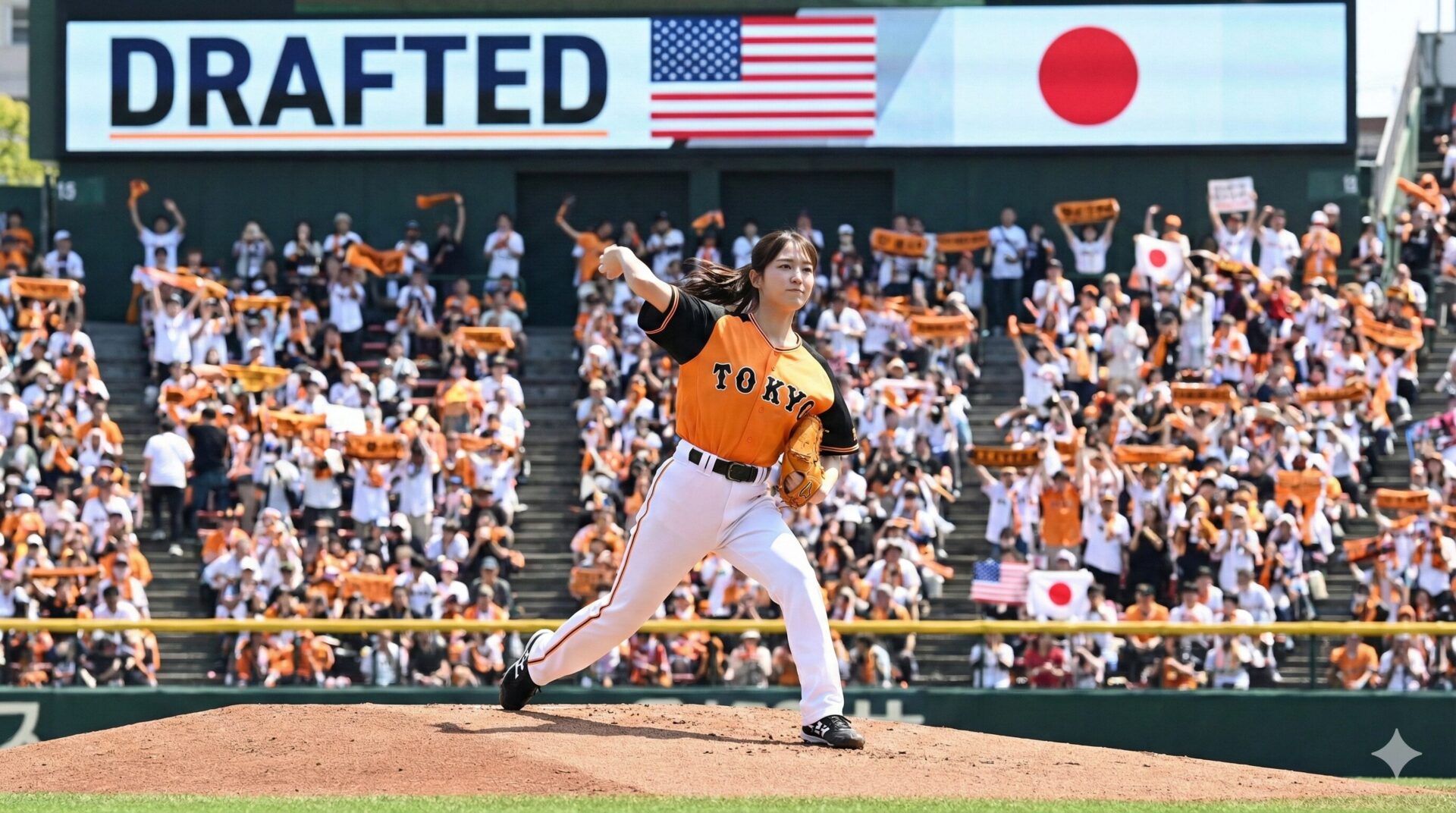 マウンドで投球フォームをとる日本人女子野球選手と、背景の電光掲示板に表示されたドラフト指名の文字