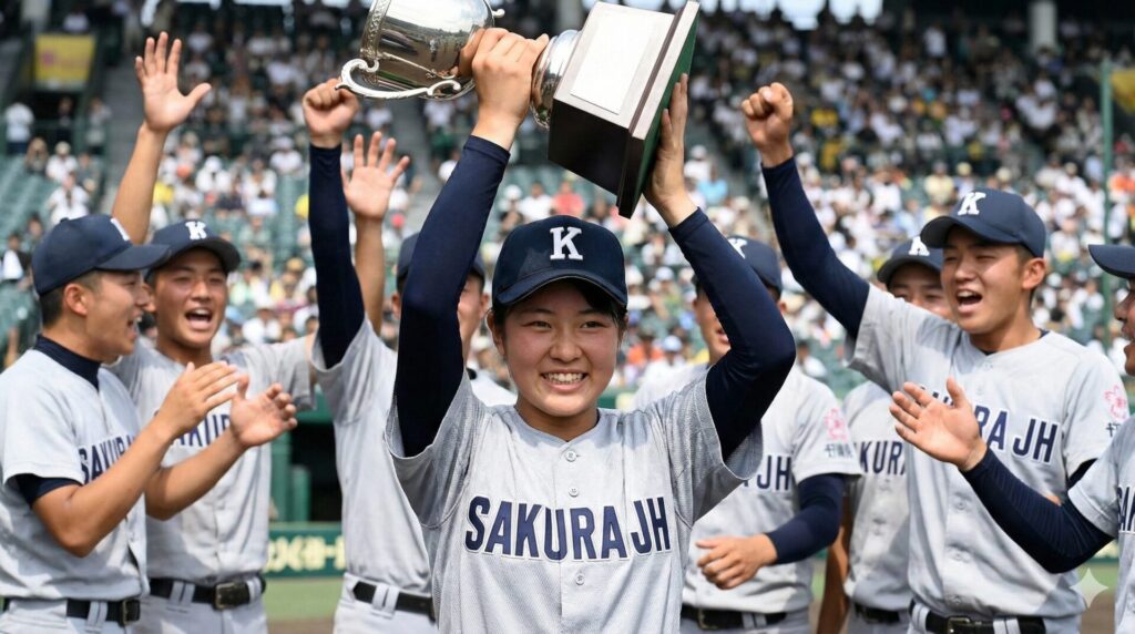 中学時代、男子チームの中で優勝カップを掲げ笑顔を見せる女子野球選手