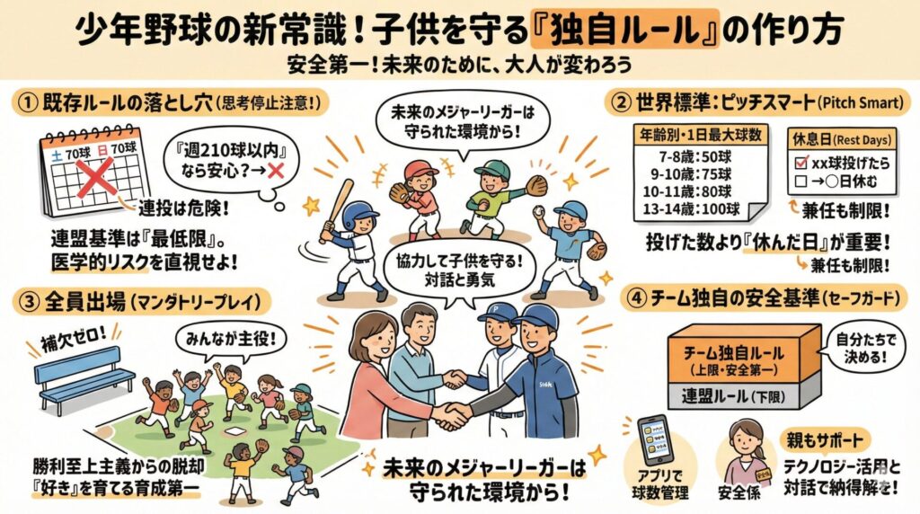 少年野球の新しい安全基準(ピッチスマート、休息日、全員出場、独自ルール)のインフォグラフィック
