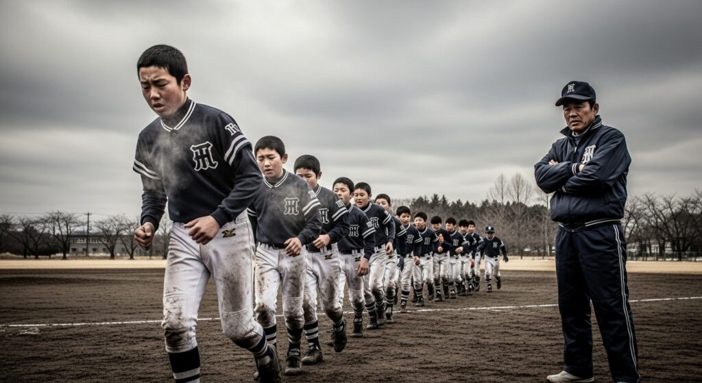 冬の寒空の下、辛そうな表情で列になってランニングをする野球少年たち
