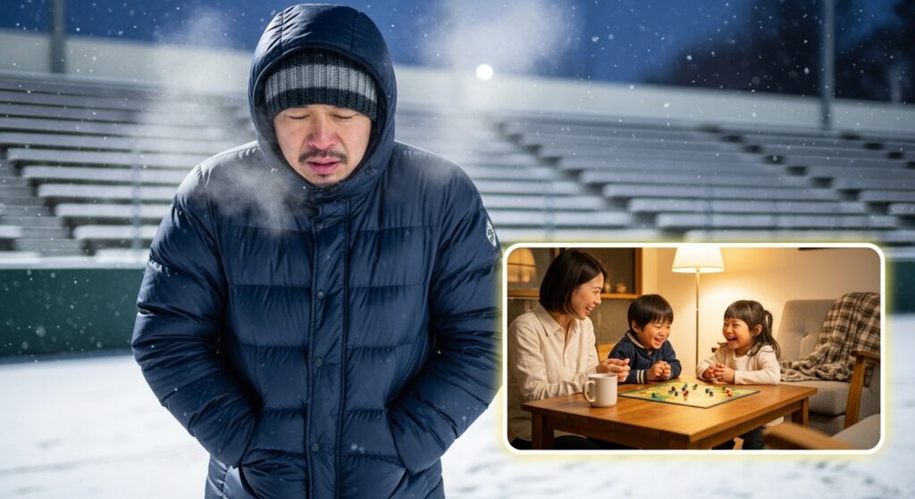 冬の少年野球グラウンドで寒さに震える父親