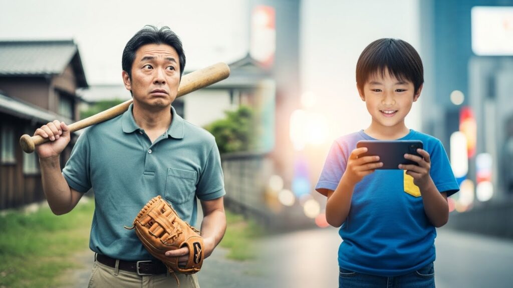 古い価値観に悩む父親とスマホを使いこなす現代の野球少年