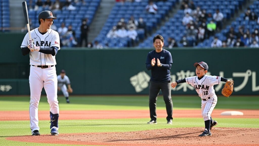 始球式で投げる子供を打席から笑顔で見守るプロ野球選手の父親