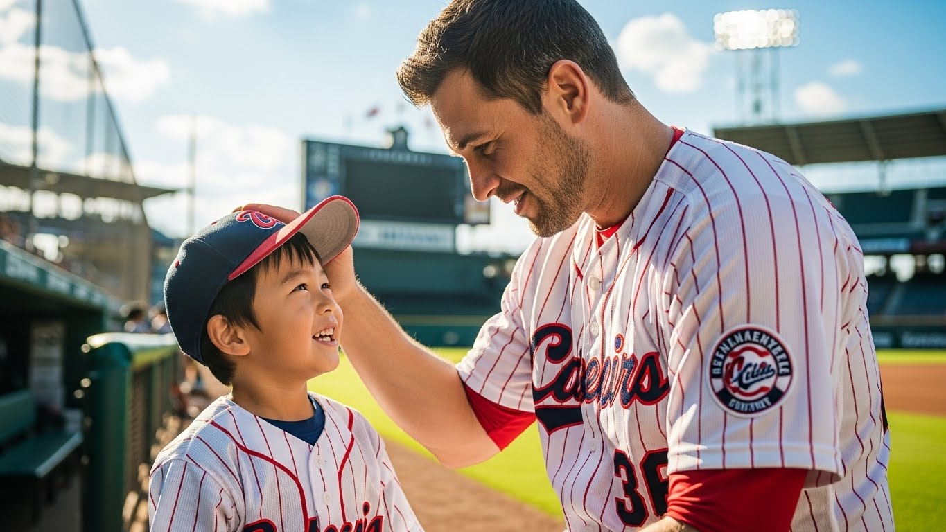 プロ野球選手のようなパパが少年野球の息子の頭を優しく撫でている様子