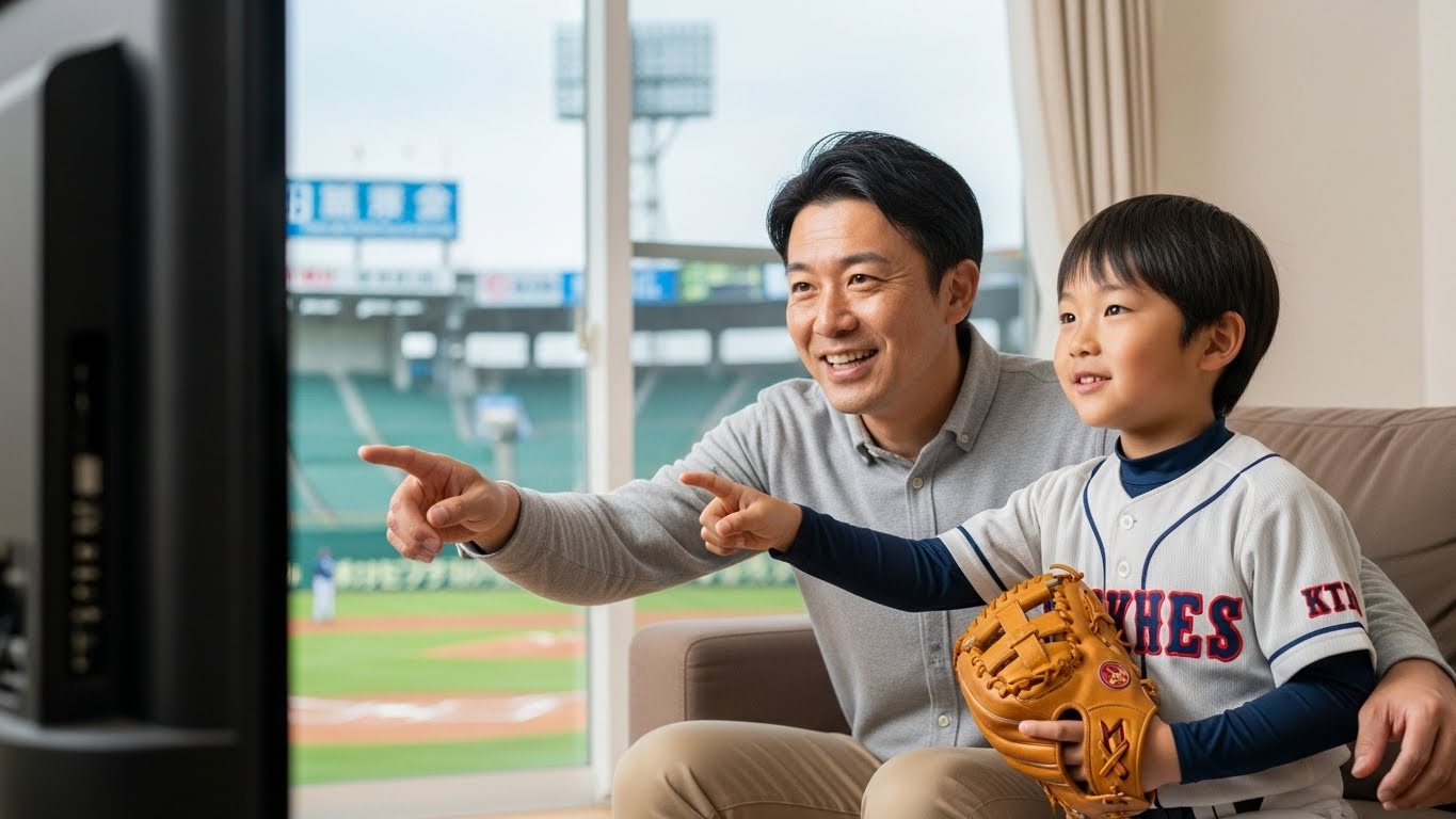 ゴールデングラブ賞のニュースを親子で見る様子