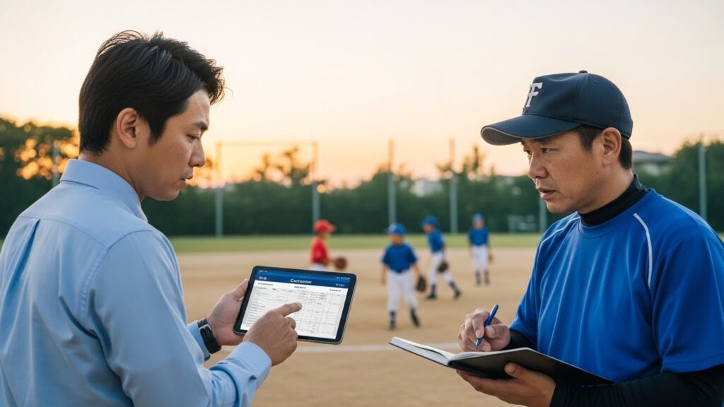 夕暮れのグラウンドで子供の将来を守るために話し合う少年野球の父親と指導者