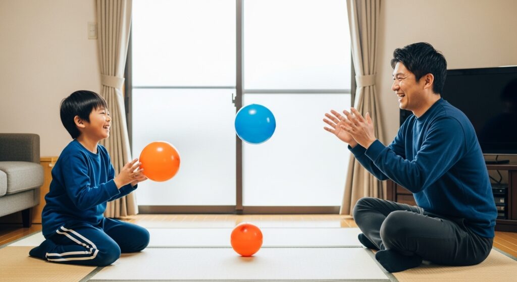 リビングで父親と息子が笑顔で風船を使ったトレーニングゲームをしている様子