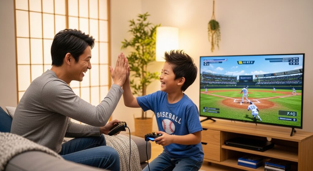 リビングで野球のテレビゲームを楽しみながらハイタッチする日本人の親子