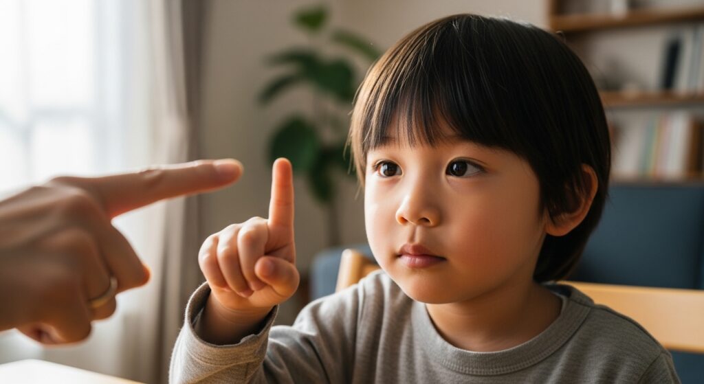 親父の指を目で追うビジョントレーニング中の少年