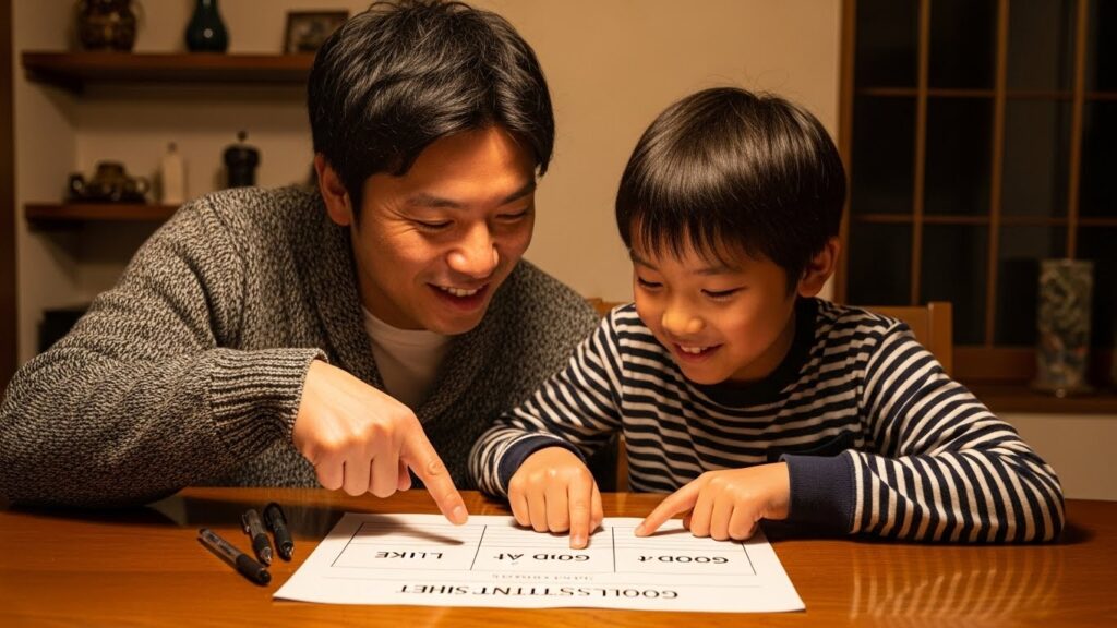 リビングで目標設定シートを書き込む笑顔の親子