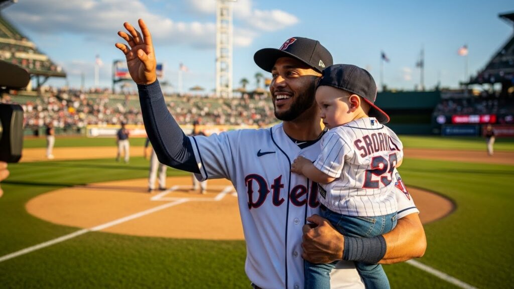 メジャーリーグの球場で子供を抱きかかえる選手