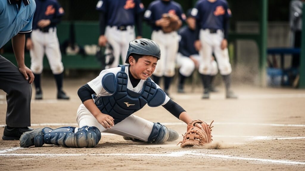 泥だらけでボールを止める少年野球のキャッチャー