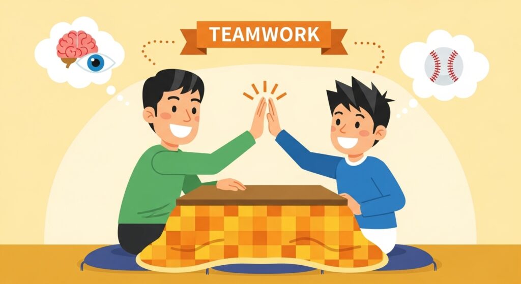 コタツでハイタッチする親子と野球スキルアップのイメージ図