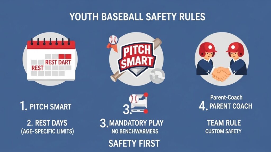 少年野球の新しい安全基準(ピッチスマート、休息日、全員出場、独自ルール)のインフォグラフィック