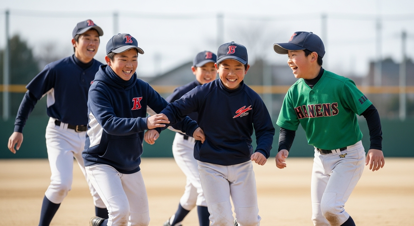 冬のグラウンドで楽しそうに鬼ごっこをしてウォーミングアップをする少年野球の子供たち