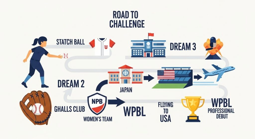 ロッカールームで世界地図を見ながらアメリカへのルートを確認する女子野球選手たち