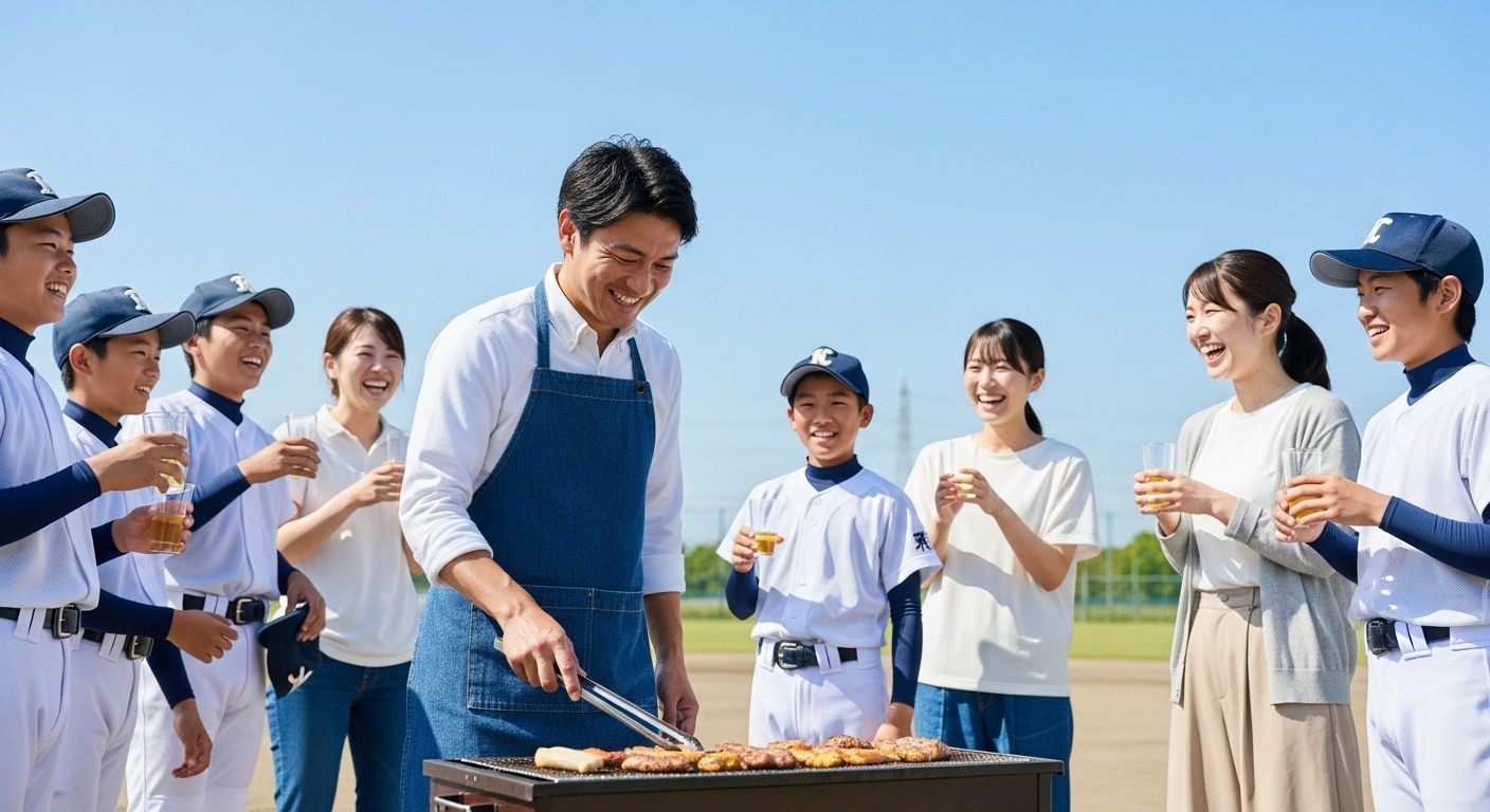 青空の下、BBQと笑顔で祝う新しいスタイルの少年野球卒団パーティー