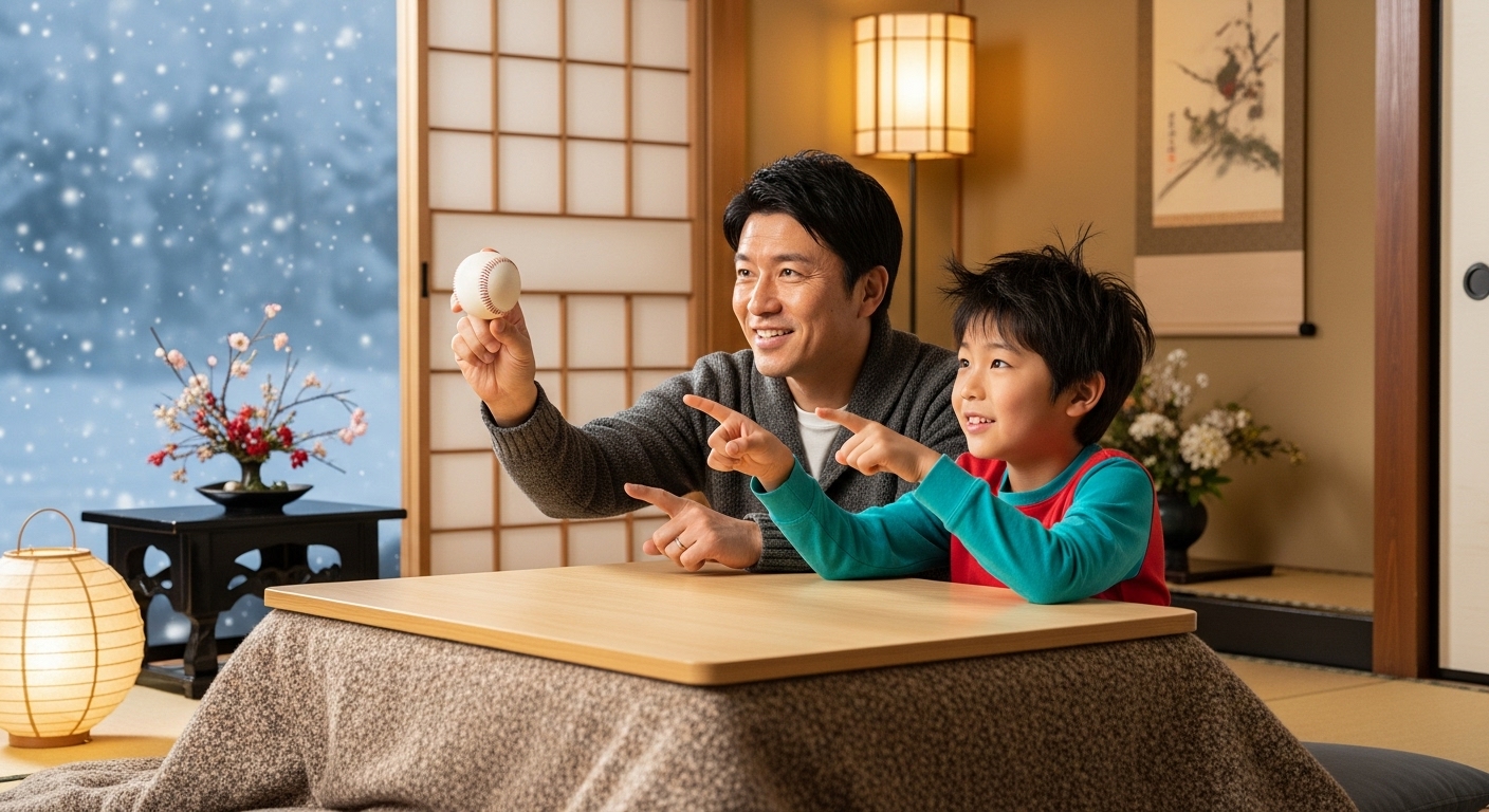 コタツで野球のビジョントレーニングをする笑顔の親子