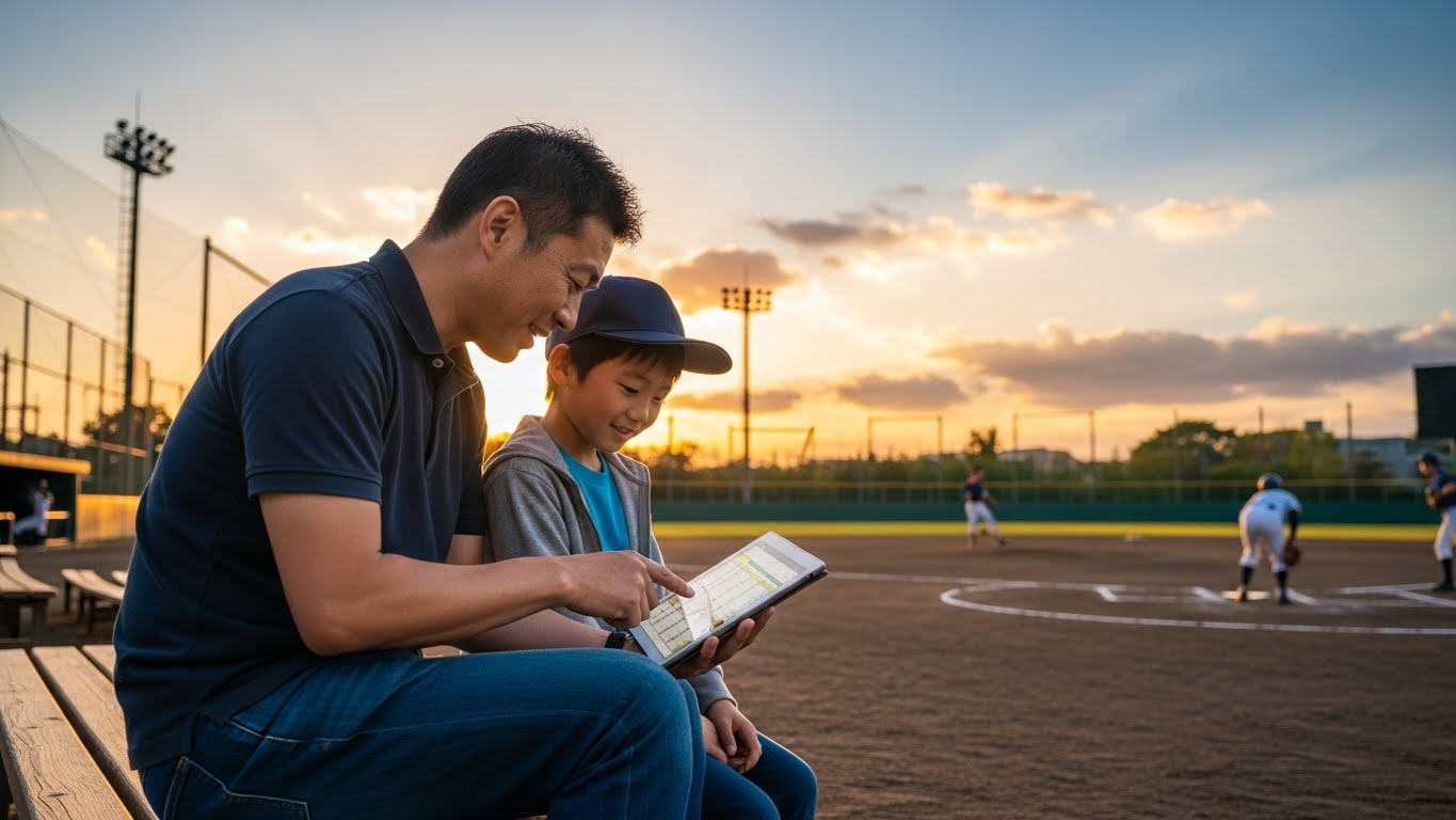 夕暮れの野球場でタブレットを見ながら語り合う日本の親子
