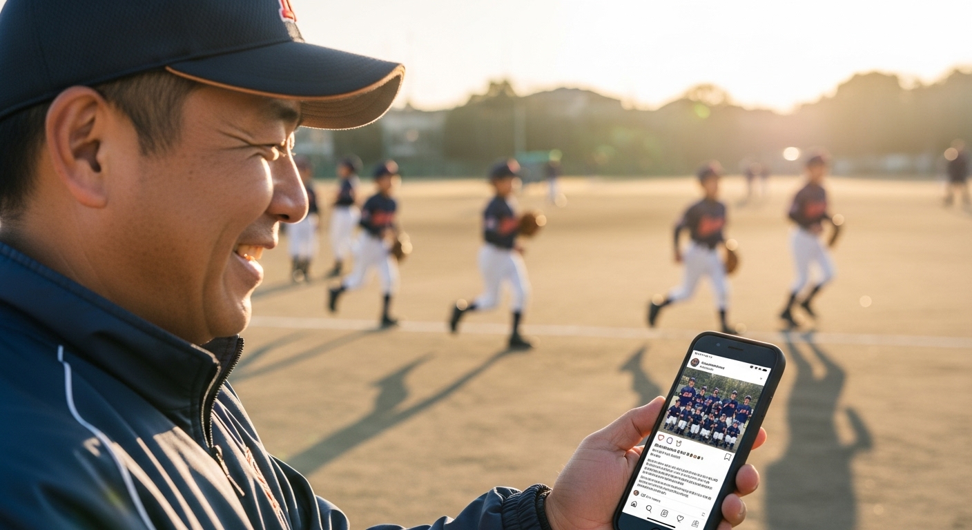 SNSを活用して少年野球チームの魅力を発信し、部員募集やファン獲得に成功している指導者のイメージ