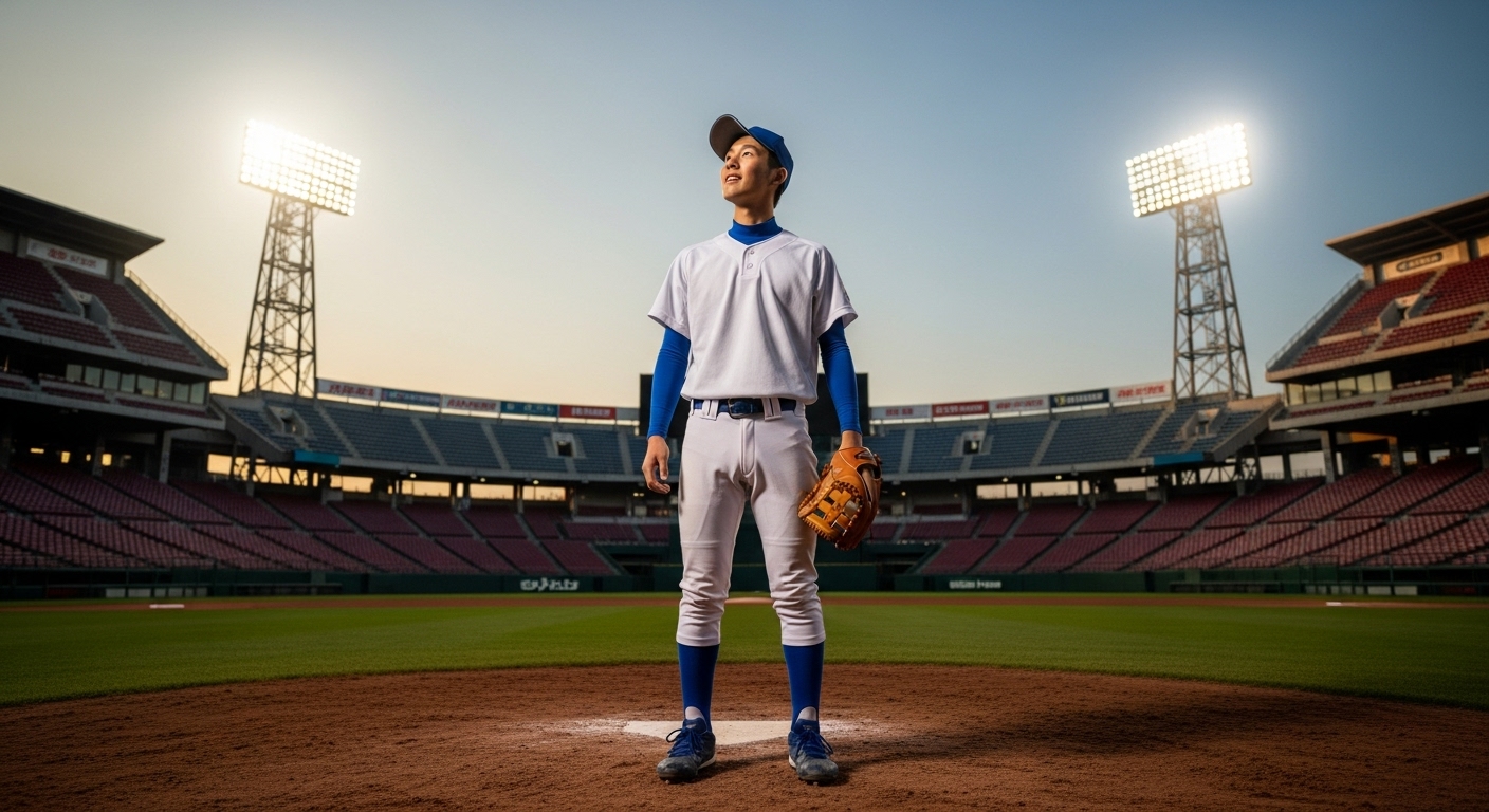 プロ野球スタジアムのグラウンドに立ち、希望に満ちた表情で未来を見つめる中学生の野球選手。
