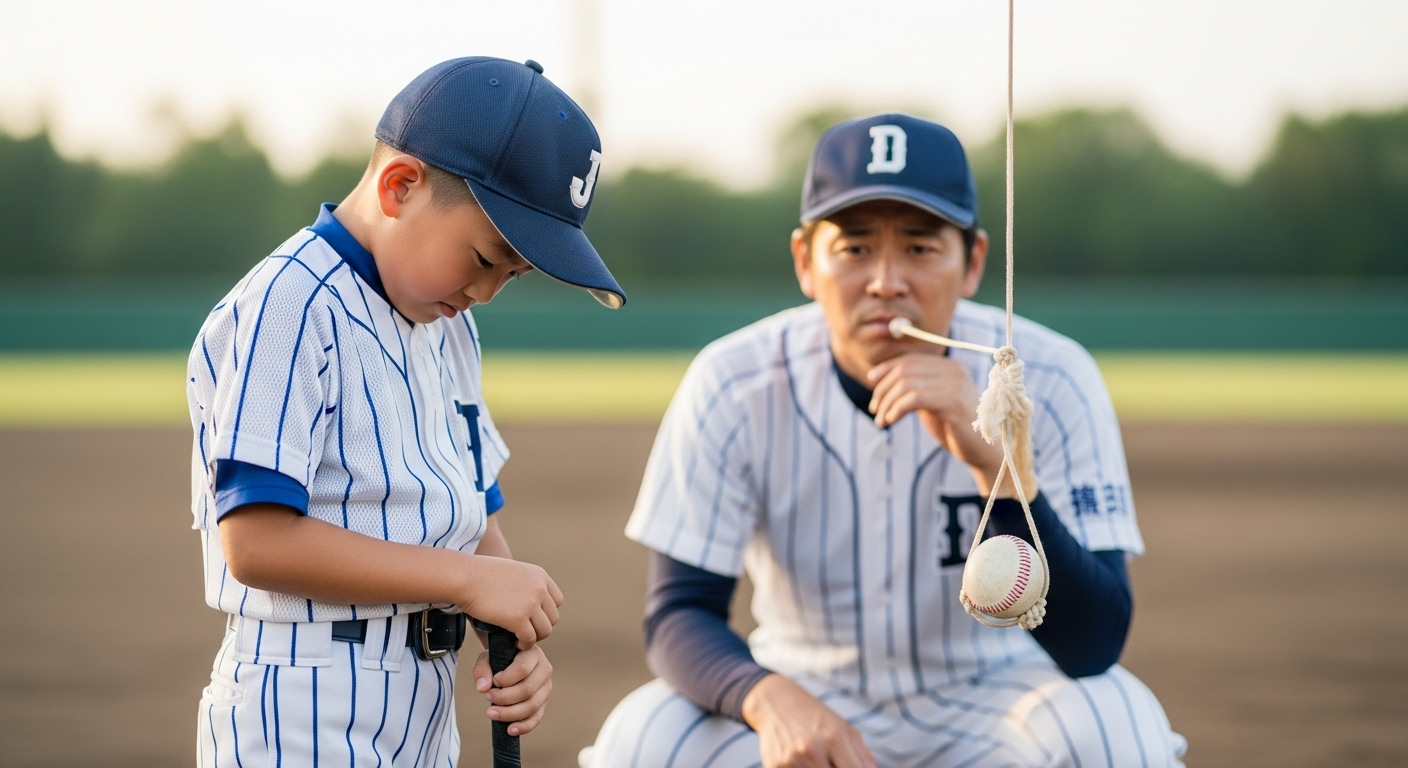 バッティングに悩む少年野球の息子と、新しい練習法を思いついた父親