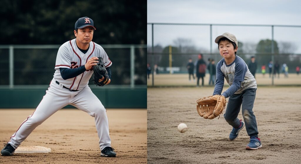 プロ野球と少年野球の試合風景の比較