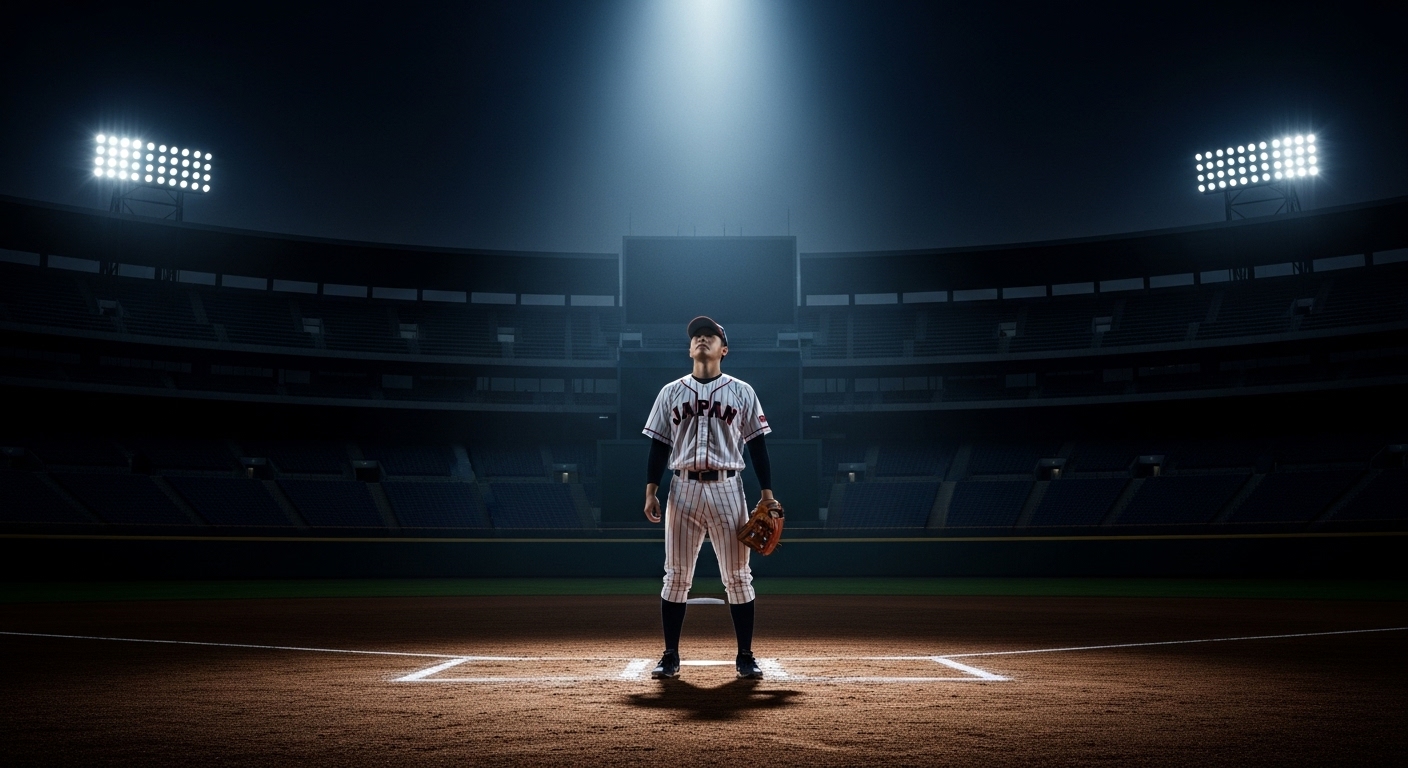 プロ野球のオフシーズン、静かなグラウンドに立つ一人の日本人野球選手が、未来を象徴するスポットライトを見上げている様子。