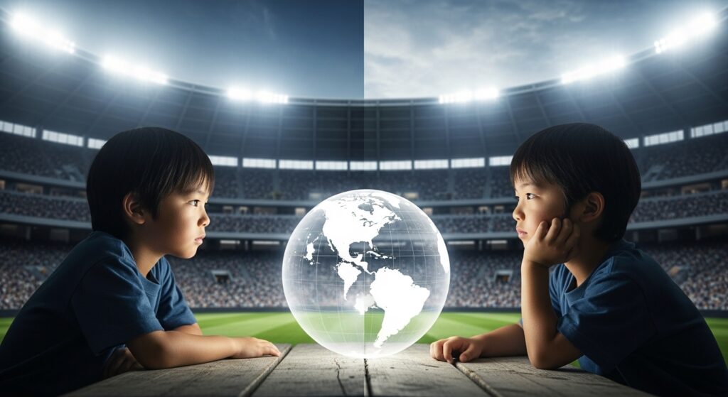 日本の野球場とメジャーリーグの球場を背景に、地球儀を眺める少年