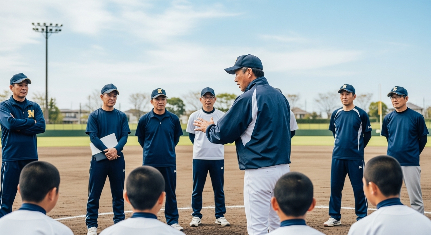 日本野球協議会の中学野球クリニックで、プロOBの指導を熱心に見学する選手と父親たち