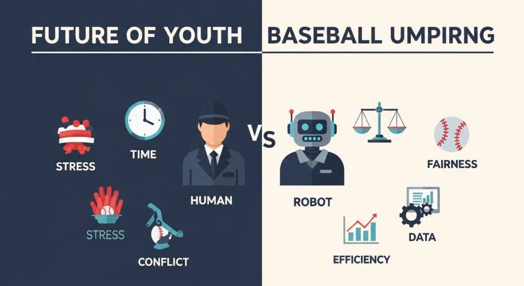 少年野球における人間審判とロボット審判のメリット・デメリットを比較したインフォグラフィック。
