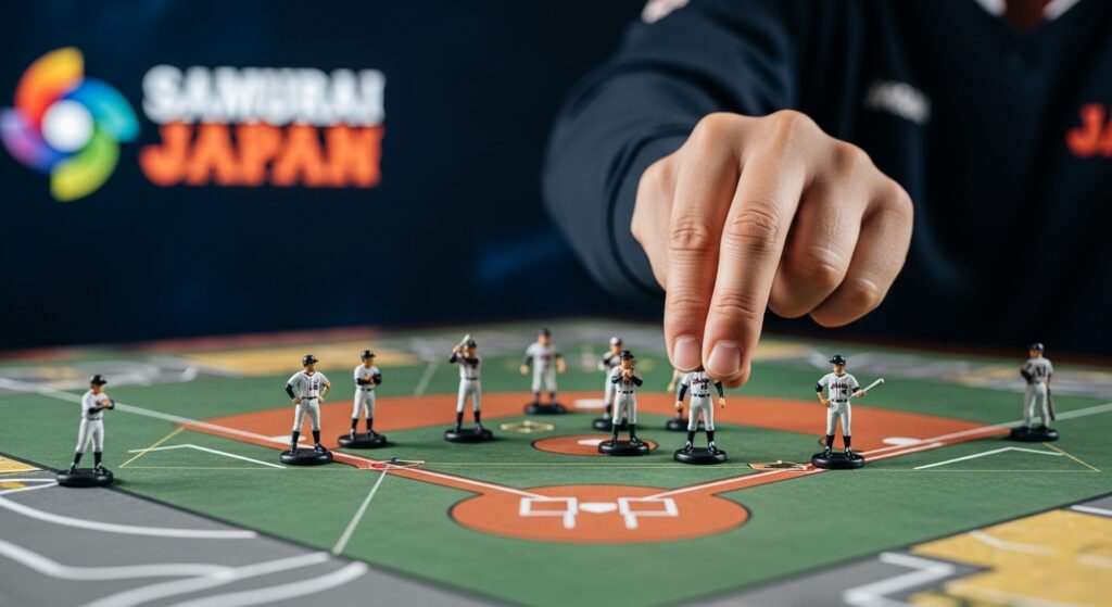 野球の戦略盤の上で、監督が駒を動かしながら緻密な戦術を練っている様子。背景には侍ジャパンのロゴが見える。