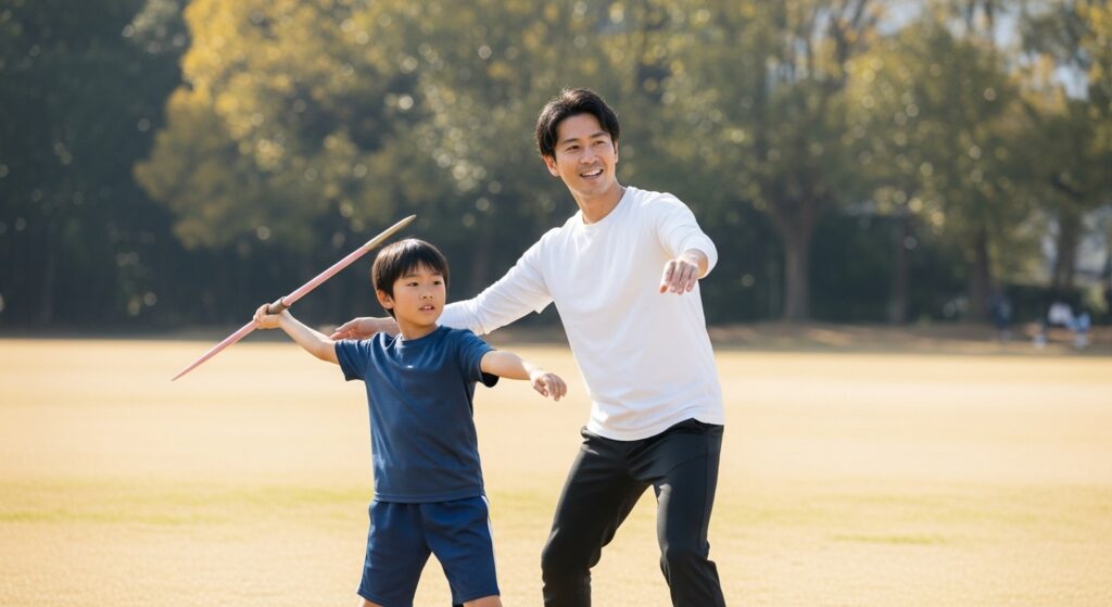 公園でやり投げのトレーニングをする親子