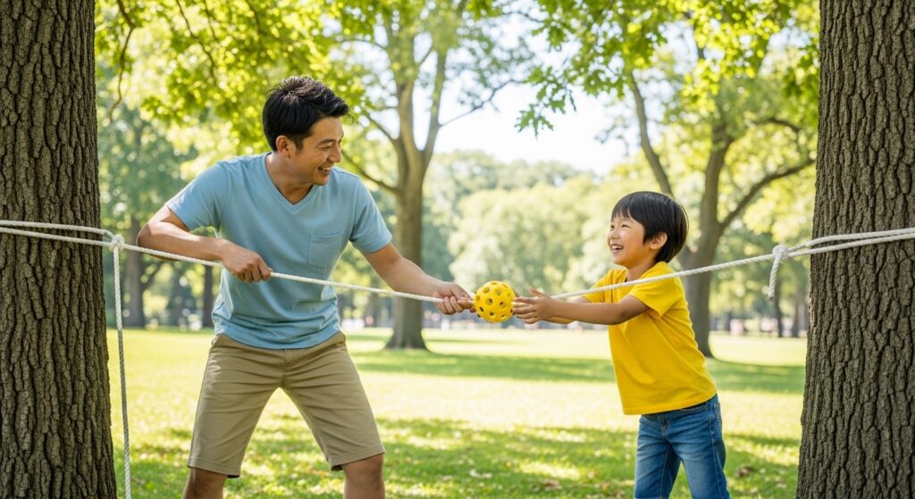 公園でロープ練習法の準備を親子で楽しむ少年野球の選手と父親