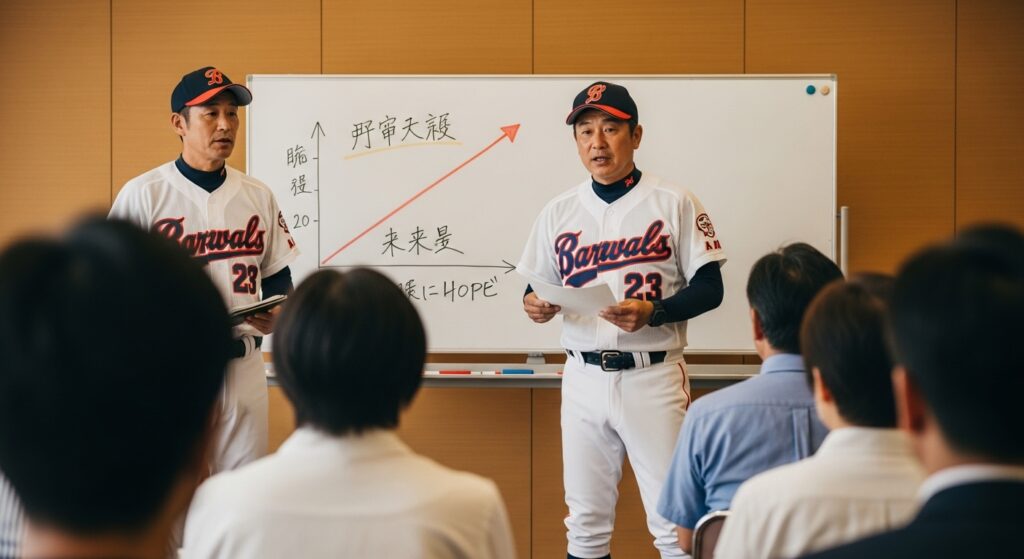 中学野球の未来について熱く語るリーダーと、真剣に耳を傾ける保護者や指導者たち