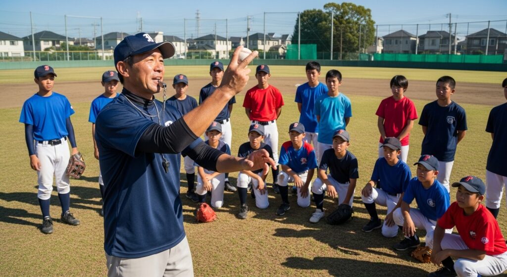元プロ野球選手の監督が、晴れたグラウンドで中学生選手たちに身振り手振りを交えながらピッチングフォームを指導している様子。