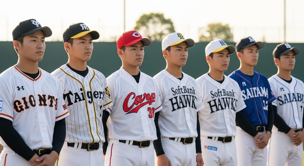 複数のプロ野球球団傘下のジュニアユースのユニフォームを着た中学生選手たちが、前を向いて横一列に並んでいる様子。