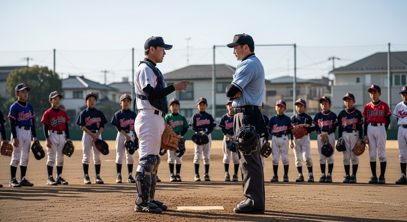 学童野球のリクエスト制度に基づき、マウンド上で協議する監督と審判、そしてそれを見守る選手たち