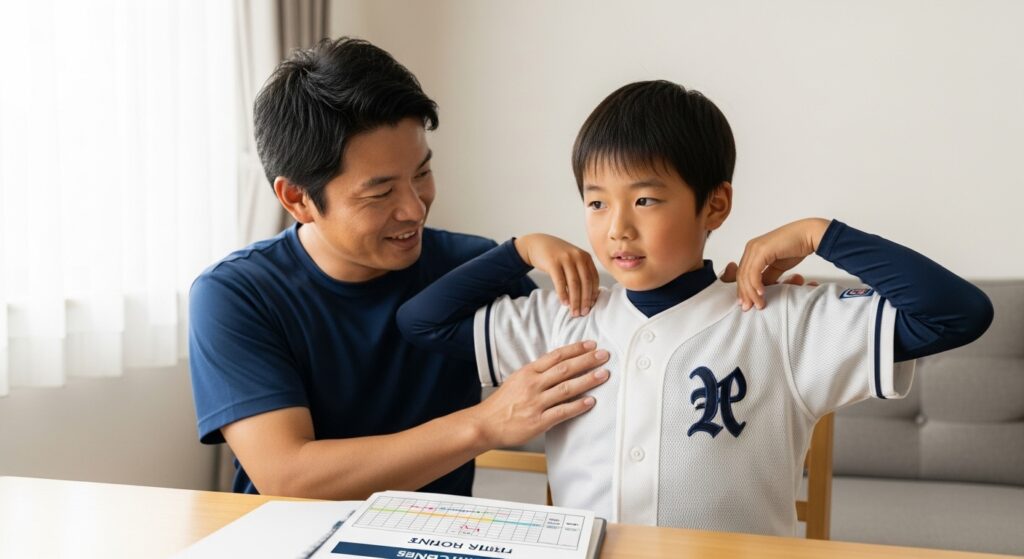 父親が野球少年の息子の肩のストレッチを手伝い、家庭でのケアを行っている様子