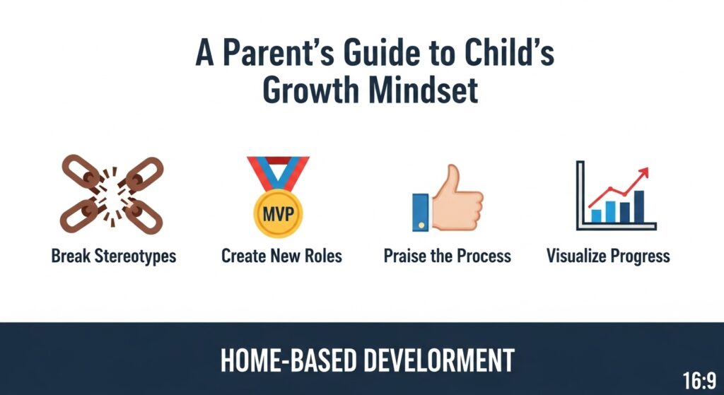 少年野球の子どもを家庭で育てるための4つのステップ（固定観念を壊す、新しい役割を作る、プロセスを褒める、成長の可視化）を示したインフォグラフィック