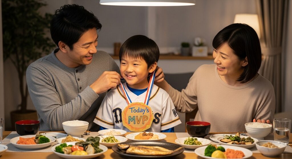 食卓で、父親から手作りのMVPメダルをかけられて喜ぶ少年野球の息子と笑顔の家族
