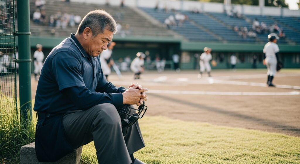 試合中に一人でうつむき、プレッシャーに悩む少年野球の審判員