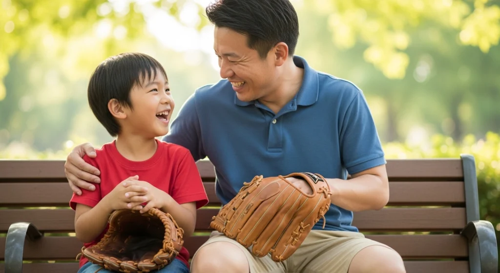 公園のベンチで、野球のグローブを横に置き、笑顔で語り合う父親と息子。
