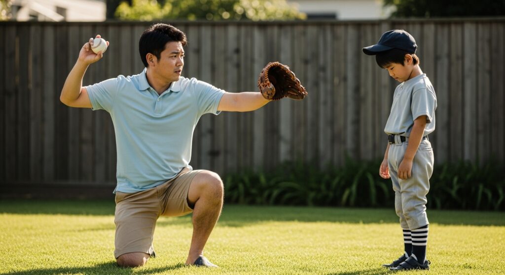 少年野球の練習で、父親からの熱心すぎる技術指導に戸惑い、うつむいてしまう息子。