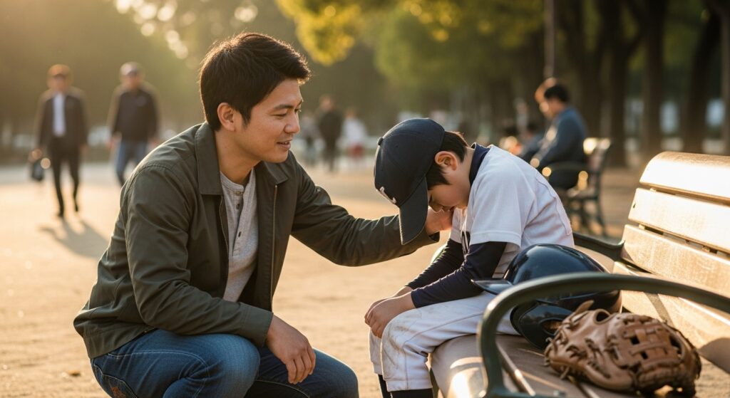 練習後に疲れた様子の息子を気遣う父親