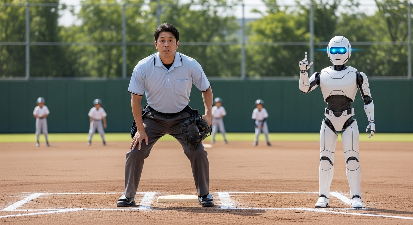 少年野球のグラウンドで審判マスクを手に不安そうな顔をする父親と、その後ろで冷静にストライク判定をする未来的なロボット審判。