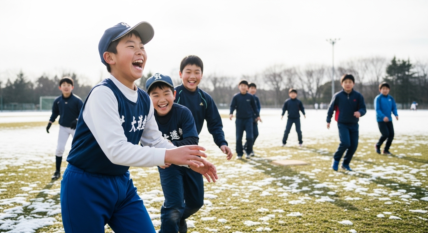 冬のグラウンドで楽しそうに鬼ごっこをする少年野球の子供たち